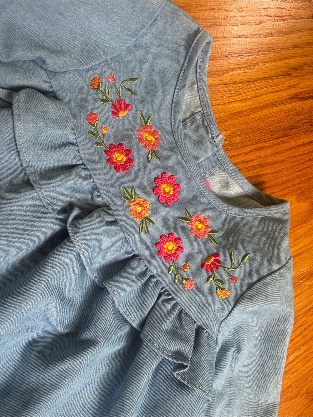 Good Lad Denim-Look Top with Pink & Orange Floral Embroidery